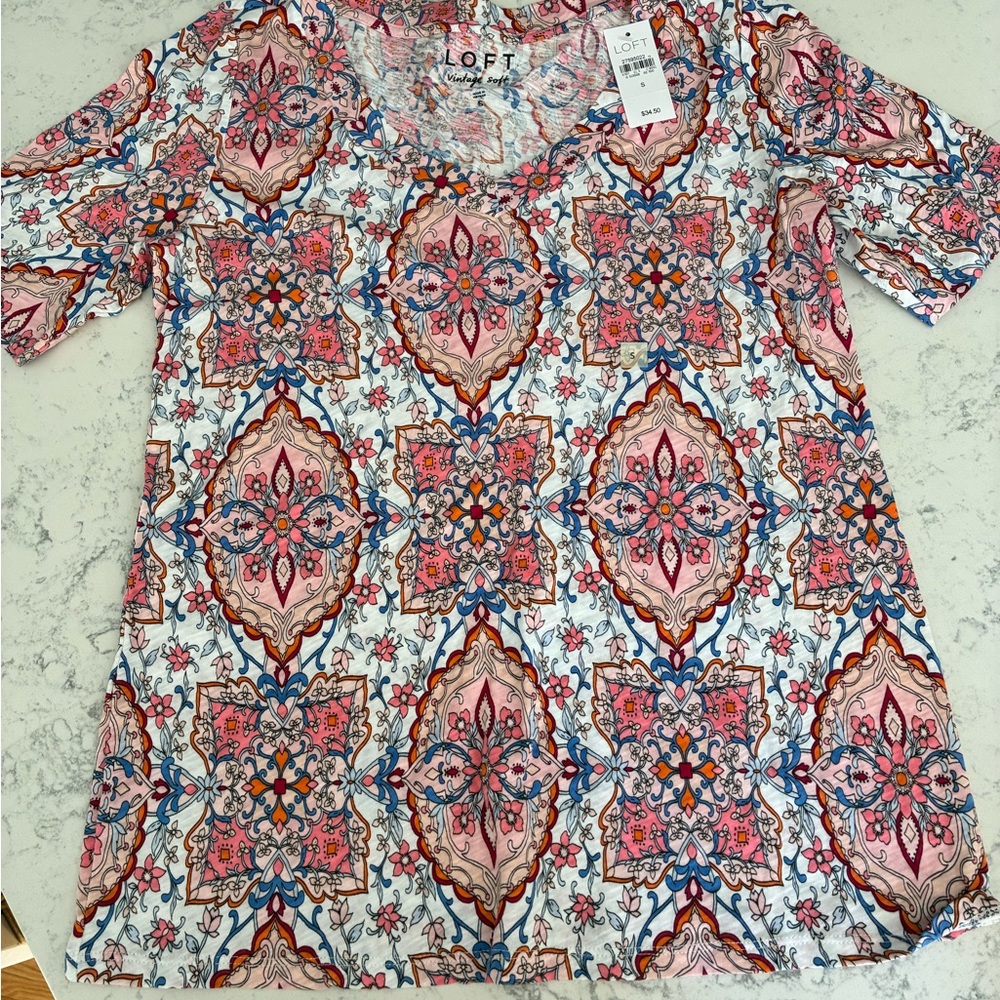 LOFT Women's Short Sleeve Vintage Soft Tee with Pink and Blue Pattern